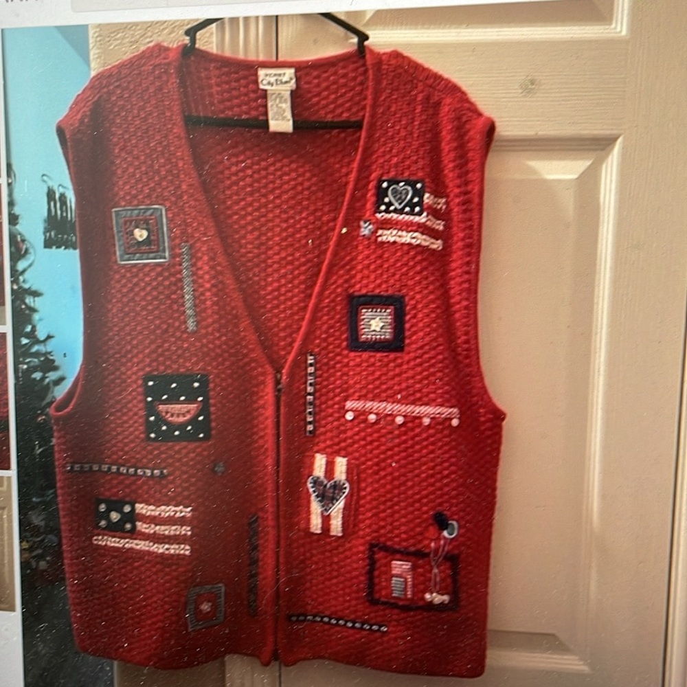 VTG Koret City Blues Sleeveless Knit RED Zip Up Patriotic Vest XL